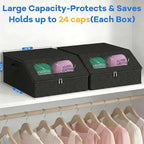 2 Pack Hat Storage for Baseball Caps, Holds up to 48 Caps, Stackable Hat Organizer for Closet, Dustproof Hat Box with Clear Window, Hollow Board Support & 2 Handles, Flip-Top Access (Black)