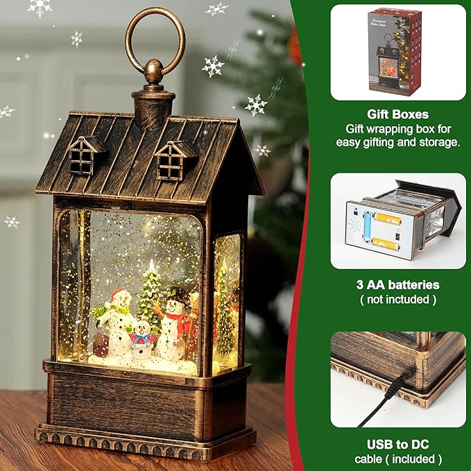 Christmas Snow Globe Lantern Water Glittering Snowman Family with Music, USB Lined/Battery Operated Lighted Lantern for Christmas Festival Decoration Gifts