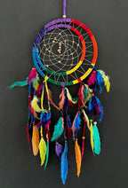 OMA Rainbow Dream Catcher Wall Hanging with Tiger Eye Stones and Feathers, Rainbow Chakra Traditional Dream Catcher Boho Home Decor Bedroom Decoration Gift Large Size - 28" Long x 9" Diameter