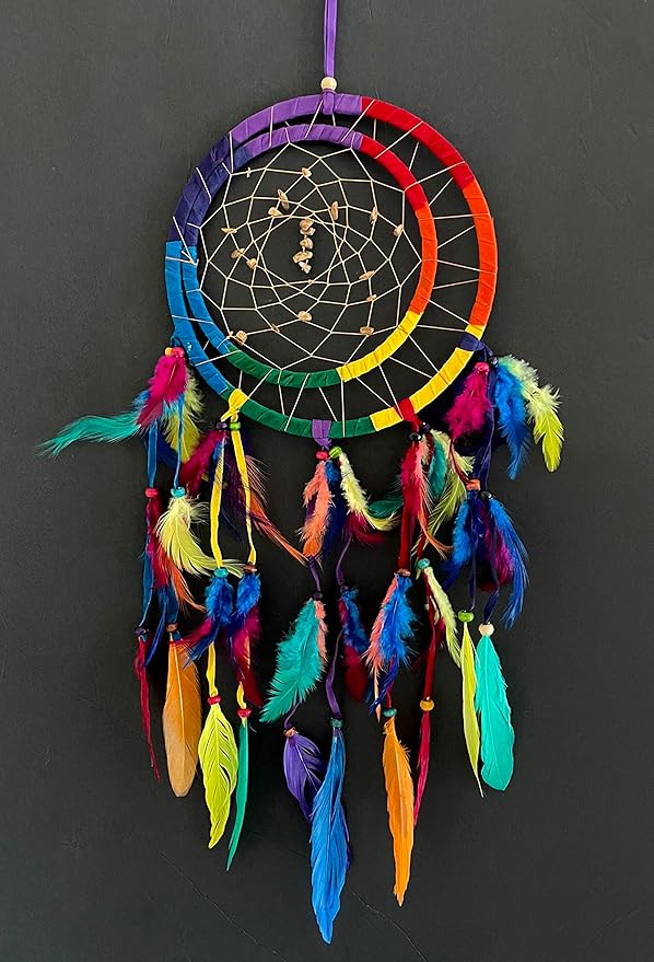 OMA Rainbow Dream Catcher Wall Hanging with Tiger Eye Stones and Feathers, Rainbow Chakra Traditional Dream Catcher Boho Home Decor Bedroom Decoration Gift Large Size - 28" Long x 9" Diameter