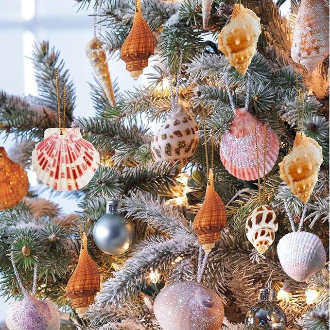 20 PCS Seashells Hanging Ornaments Natural Shells Decorations Beach Ocean Nautical Style for Summer Decor Christmas Tree Wedding Birthday Craft Conch Projects