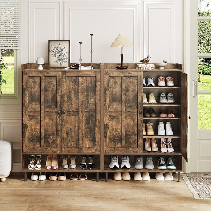 Brown 7+1 Tier Farmhouse Shoe Storage Cabinet - 45" Tall Entryway Organizer with Cross Molding Doors, 3 Adjustable Shelves & Metal Legs, Shoe Rack for Front Door Entrance