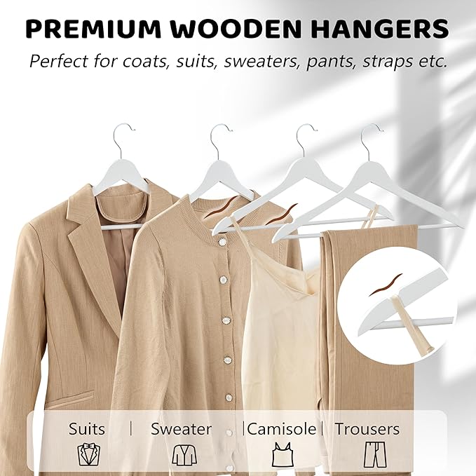 Wooden Hangers 20 Pack, Smooth Wood Hangers with 360° Swivel Hook & Notches, Slim Coat Hanger Wooden for Closet, White