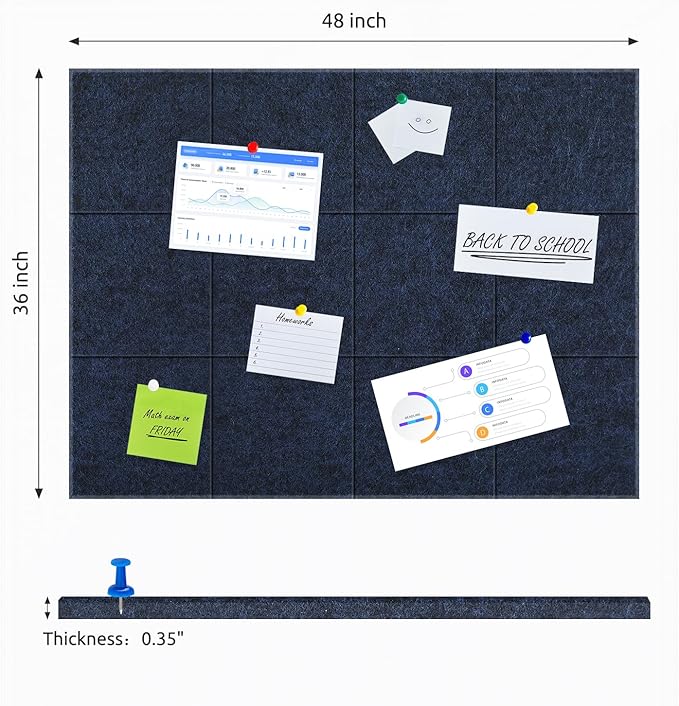 Large Cork Board for Walls 48"x36" |Cork Board Alternative| 12 Pack Felt Wall Tiles| Dark Blue Bulletin Board with Removable Adhesive | Cork Boards Pinboard for Office Home Classroom，Dark Blue