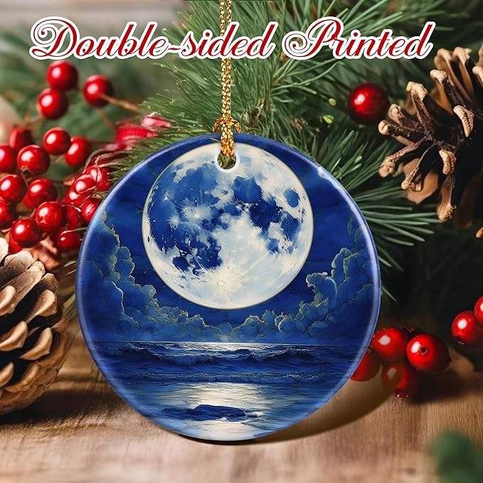 Christmas Ornaments, 2.8 Inch Ceramic Hanging Ornament, Christmas Tree Ornaments, Xmas Decorations, Holiday Decorations, Holiday Party Gifts, and Xmas Gift Ideas - Full Moon Over Ocean