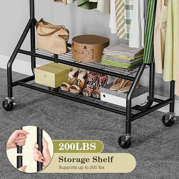 Clothes Rack with 2 Shelves, Heavy Duty Garment Rack Load 450 LBS, Standing Rolling Metal Hanging Clothes with Sturdy Wheels & Shelves