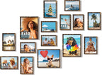 15 Pack Picture Frames Collage Wall Decor, Brown Frame Set with 3pcs 8x10, 6pcs 5x7, 6pcs 4x6 for Gallery Display, Wall Mounting & Tabletop, Bulk Photo Frames for Living Room Decor