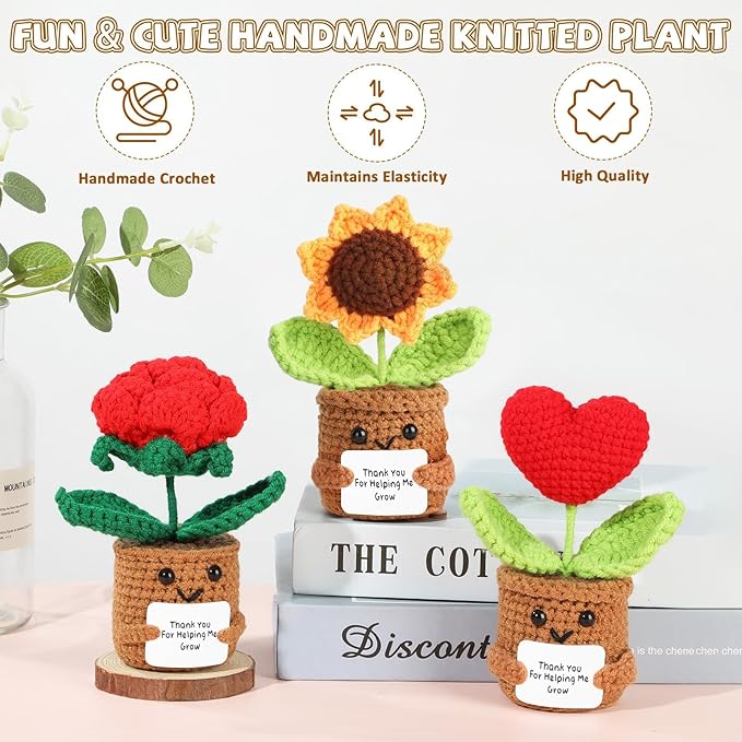 Graduation Teacher Appreciation Gift Positive Crochet Flower Heart Plant Emotional Support Sunflower Inspirational Handmade Knitted Doll with Thank You Card Motivational Crochet Birthday Present