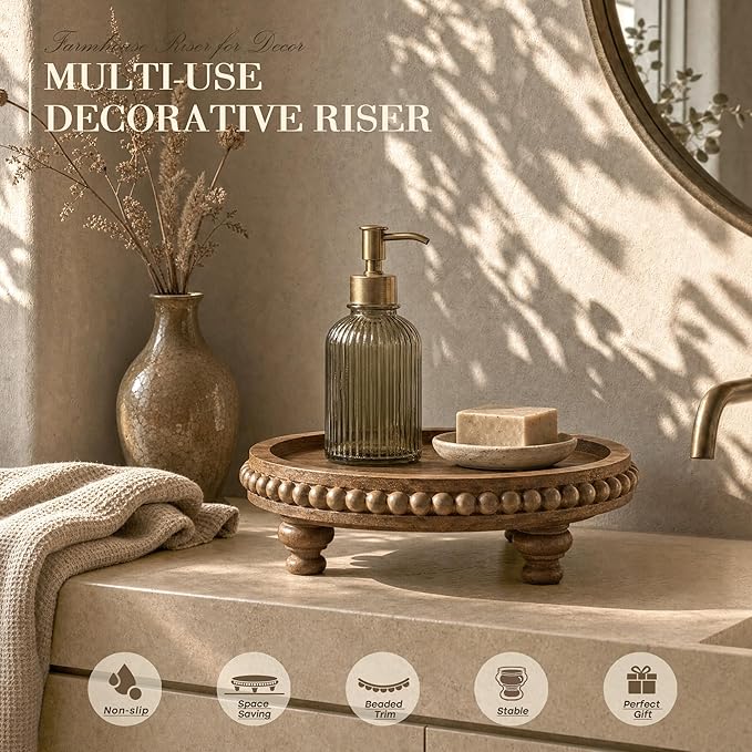 EOSAHR Pine Round Wood Riser for Room Decor – Retro Beaded Pedestal Tray for Plant Stand, Perfume Organizer, Cake Stand – Farmhouse Boho Bathroom & Kitchen Counter Accent(Brown)