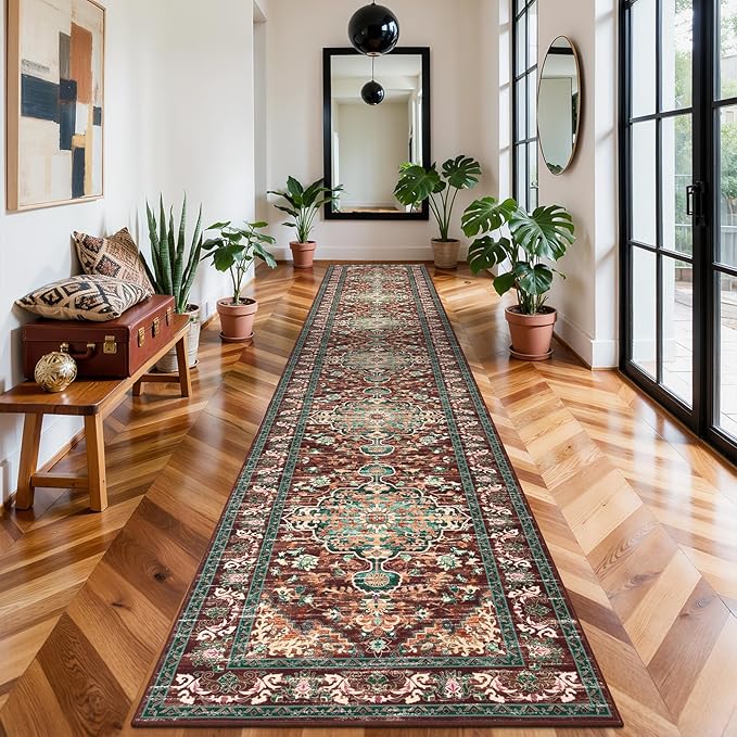 U'Artlines 3' x 18' Boho Hallway Runner Rug, Rust Non Slip Washable Vintage Farmhouse Accent Rug Carpet for Kitchen Entryway Laundry and Living Room (Rust＆Teal)