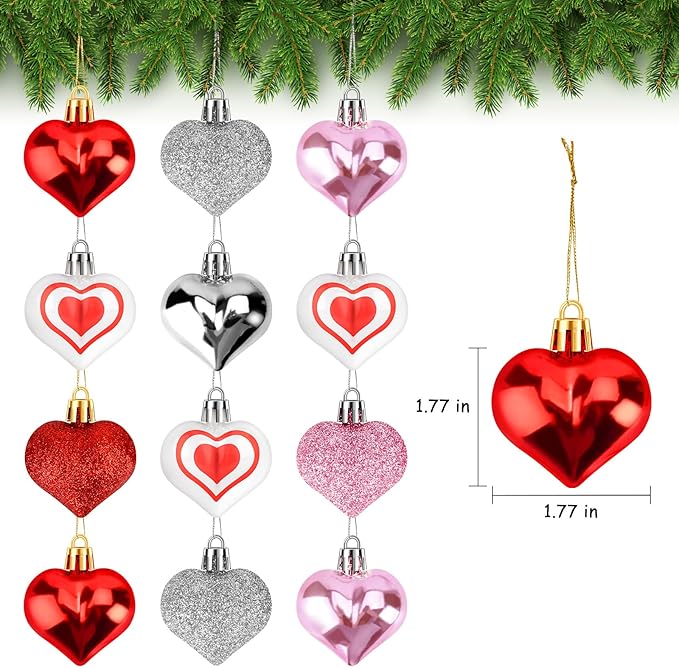 Heart Ornaments for Valentines Day Decorations, Hanging Ornaments for Christmas Tree, 30 Pcs Heart Shaped Ornaments for Home Decorations, Valentines Decor, 7 Styles