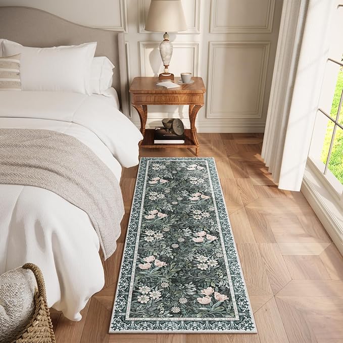 Non Slip Vintage Floral with Ornate Border Hallway Runner Rug - Long Runner Rugs 2x6 Washable Kitchen Floor Mat, Laundry Room Rug, Bathroom Runner
