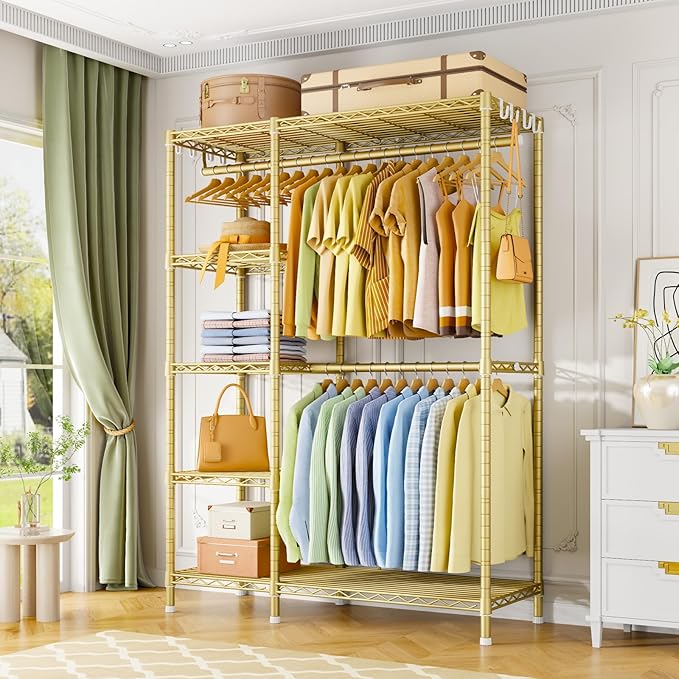 Ulif F2 Clothes Rack, 5 Tiers Heavy Duty Garment Rack for Bedroom, Freestanding Adjustable Closet Storage Organizer, 46.1" W x 15.4" D x 78.3" H, Load 630lbs, Upgraded Gold