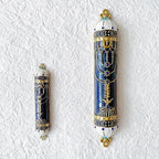 9 Inches Mezuzah, Exquisite Black and Gold Enamel Mezuzah with Blue Crystal Accent
