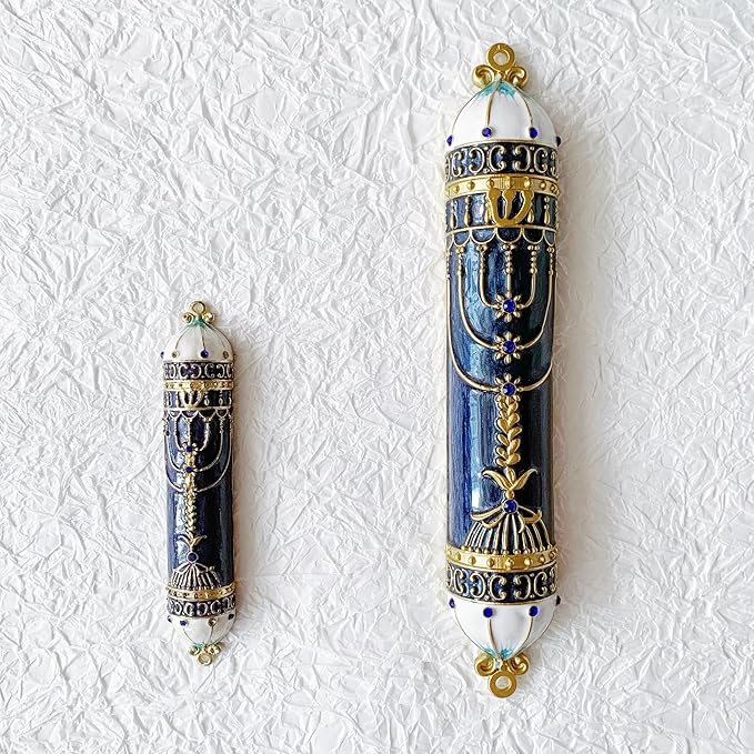 9 Inches Mezuzah, Exquisite Black and Gold Enamel Mezuzah with Blue Crystal Accent