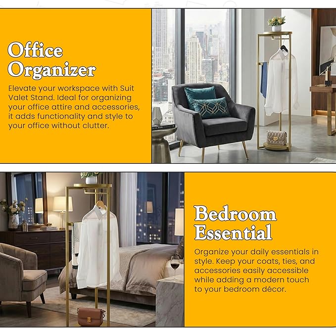 Kings Brand Furniture Suit Valet Stand, Coat Rack with Rods & Storage Trays - Tie Jacket Hanger, Freestanding Clothing Organizer Perfect for Bedrooms & Entryways, Lemon Pepper