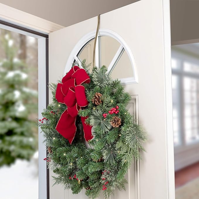 Haute Decor HighProfile Curved Over The Door Wreath Hanger (Antique Brass) - Strong Metal Wreath Holder Hook for Complex Door Designs with Raised Panels and Trim