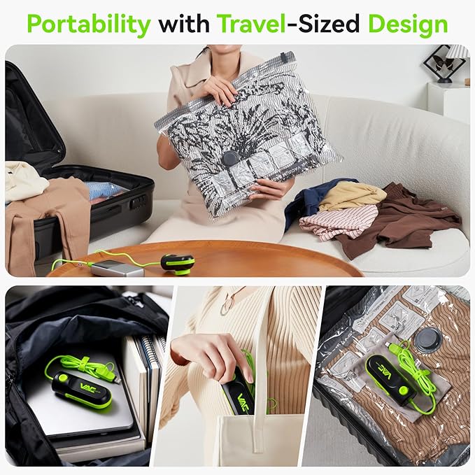 Vacuum Bags for Travel with USB and TYPE C Pump,vacuum seal travel bags,15 Pack Carry-on Size Compression Packing Bags for Luggage,Space Saver for Clothes and Clothing Travel（Green）