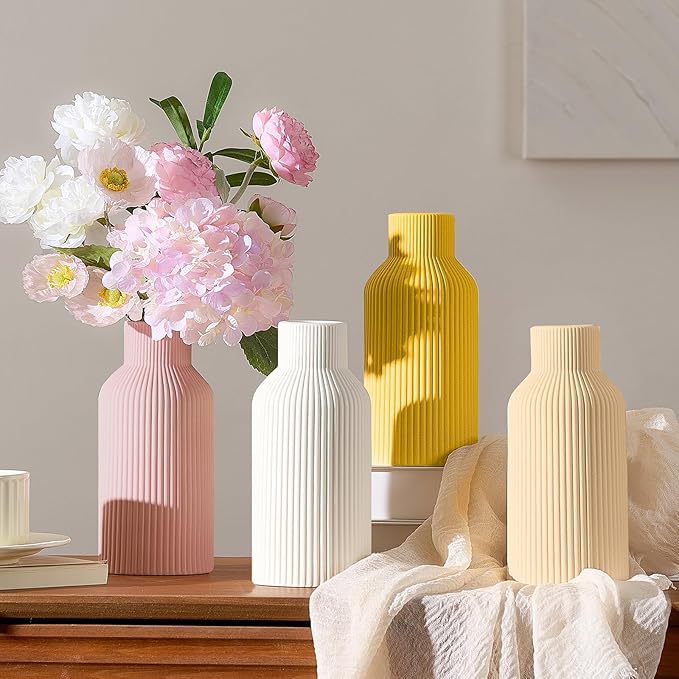 Mfacoy Ceramic Flower Vase, Minimalist Decor, Modern Home Decorative Vase, Small Pampas Grass Vases for Kitchen Bedroom Office Living Room Bathroom Shelf Centerpiece Table Decorations (Yellow)