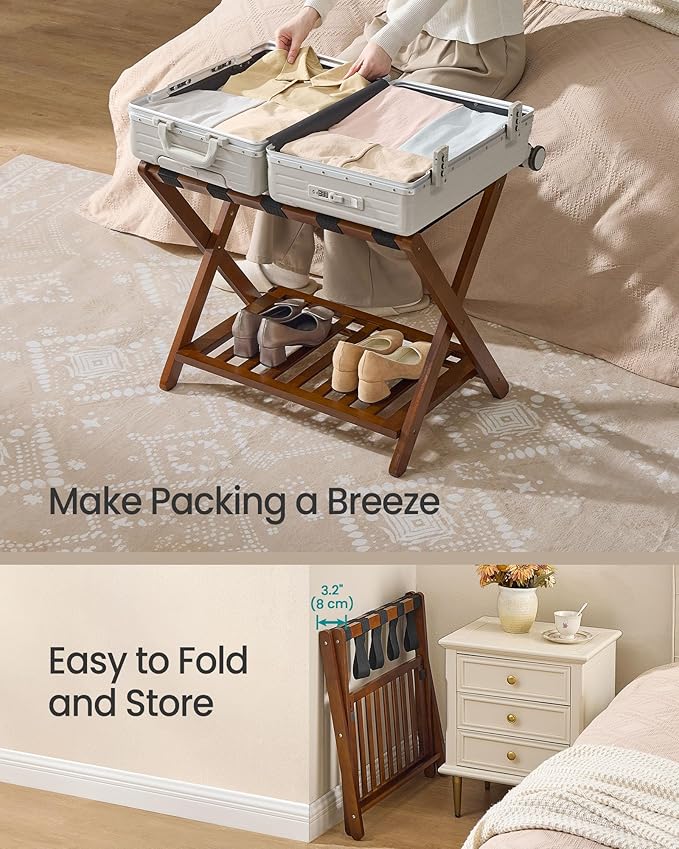 SONGMICS Solid Wood Luggage Rack, No Assembly Required, Foldable Suitcase Stand, Luggage Holder, with Storage Shelf, for Guest Room, Hotel, Bedroom, Coffee Brown URLR020K02