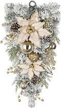 27.5" Artificial Christmas Teardrop Swag with Champagne Poinsettia, Pine Cones, Berries & Ornaments, White Cedar Branch Base for Christmas Thanksgiving Winter Holiday Front Door and Wall Decoration