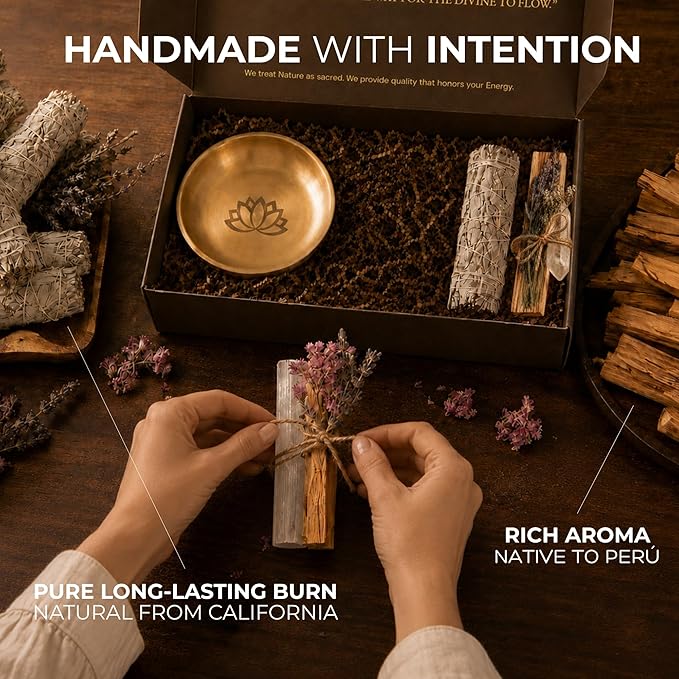 Anima Premium Energy Cleansing Set – White Sage Smudge Sticks, Palo Santo Sticks, Clear Quartz & Selenite Crystal with Smudge Bowl for Crystals & Home Cleansing, Meditation & Manifestation