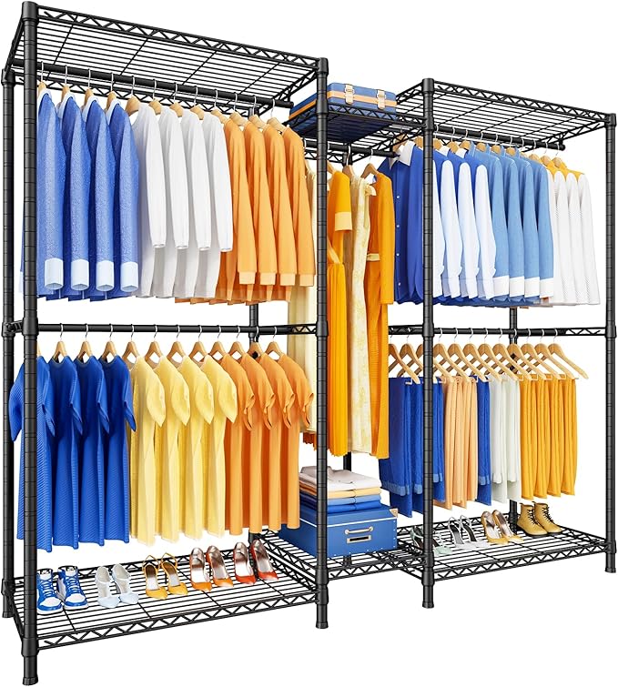Ulif E12 Pro Clothes Rack，Heavy Duty Freestanding Garment Rack with Shelves，Metal Clothing Closet Storage System for Hanging Clothes，71" W x 16" D x 76.5" H, Hold 960 lbs，Black