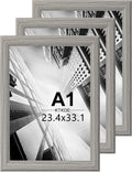 KTKDE A1 Poster Frame Set of 3, 23.4 x 33.1in Picture Frame Wooden Gray -Horizontal or Vertical Wall Hanging for Home, Exhibition, Caffe Large Frame for Photos, Posters - Art Prints best gift