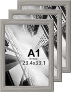 KTKDE A1 Poster Frame Set of 3, 23.4 x 33.1in Picture Frame Wooden Gray -Horizontal or Vertical Wall Hanging for Home, Exhibition, Caffe Large Frame for Photos, Posters - Art Prints best gift