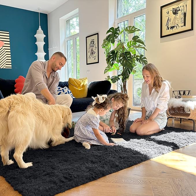 OLANLY 7x12 Machine Washable Large Area Rugs for Living Room, Bedroom, Soft Fluffy Shaggy Bedside Rug, Indoor Floor Carpet for Kids Girls and Boys, Dorms, Nursery, Home Decor Aesthetic, Black