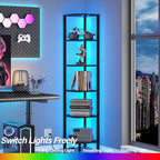 TUTOTAK Corner Shelf with LED Light, 6-Tier Corner Bookshelf for Small Space, Narrow Display Corner Shelf Stand with Storage Rack, for Living Room, Bedroom, Black BS08BK006L