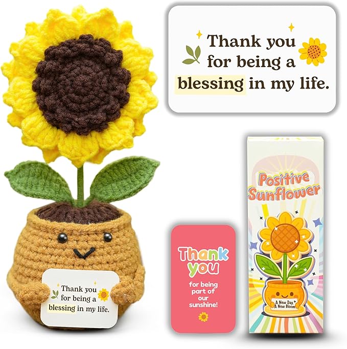 Emotional Support Crochet Sunflower Doll – Handmade Appreciation for Women, Teachers, Friends, Moms, Coworkers – Positive Affirmation Flower Pot with “You are a Blessing