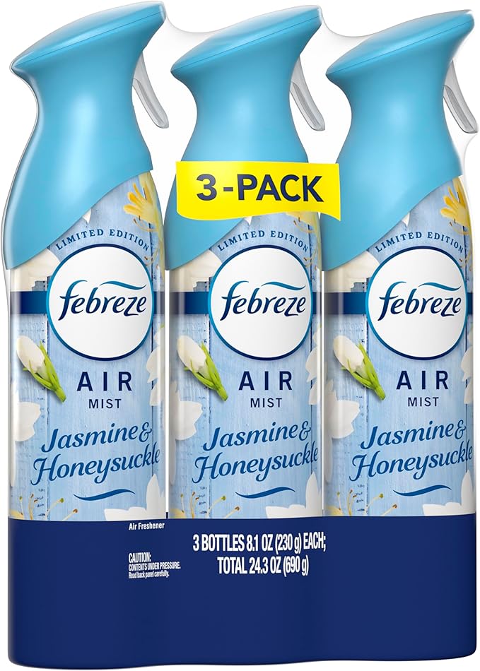Febreze Air Mist, Air Freshener Spray, Odor Fighting Room Spray, Deodorizer for Home Bathroom Kitchen Office Apartment Dorm Room Classroom, Jasmine & Honeysuckle Scent, 8.1oz (Pack of 3)