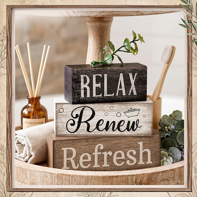 Lineshading 4 Pcs Bathroom Shelf Decor Sign Farmhouse Bathroom Decor and Accessories Rustic Eucalyptus Leave Wood Block Sign Gift Relax Renew Refresh Farmhouse Table Centerpiece for Home Office Toilet