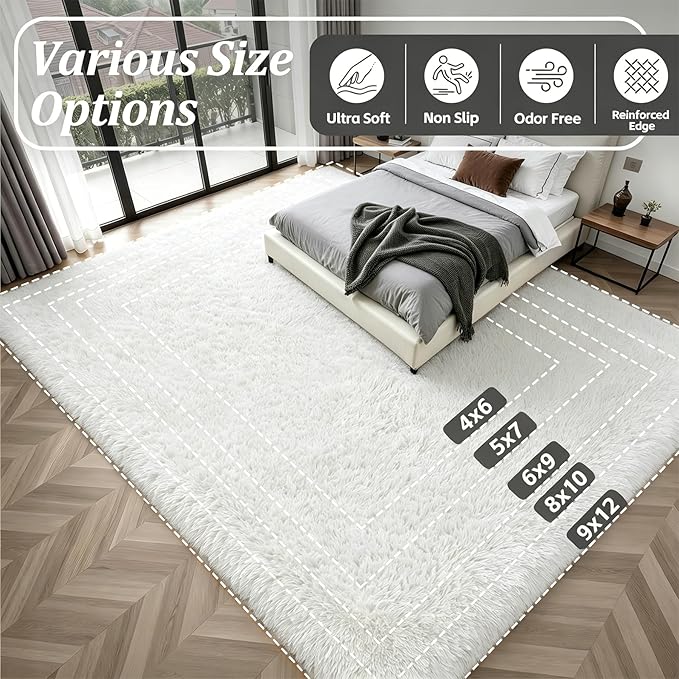 Fluffy 4x6 Area Rugs for Living Room Bedroom: Ultra Soft Shag Rug Non-Slip Non-Shedding Small Plush Bedside Rug Indoor Floor Carpets for Kids Room Playroom Entryway Nursery Dorms Home Decor Ivory