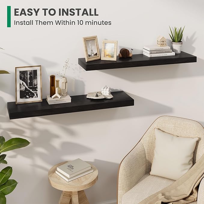 Solid Wood Floating Shelves For Wall, 36”W x 9”D x 1.56”H Large Wall Shelves for Living Room Bedroom Bathroom Kitchen Drcor Storage with Invisible Heavy-Duty Metal Bracket, Carbonized Oak, 2 Pack