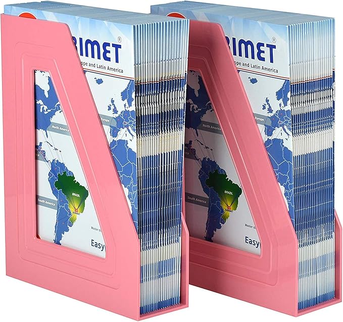 Acrimet Magazine File Holder Bin Storage, Vertical Rack for Documents, Folders and Mail, Durable Plastic Desk Organizer for Office & Home (Solid Pink Color) (2 Pack)