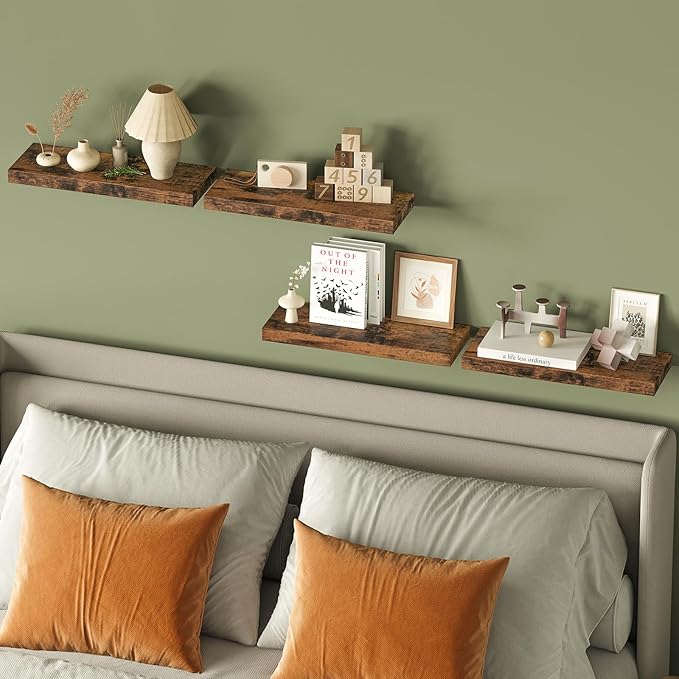 Fixwal Wood Floating Shelves, Wall Shelves Set of 4, Shelves for Wall Decor, with Invisible Brackets for Bathroom, Living Room,Bedroom and Kitchen(15.7in, Rustic Brown)