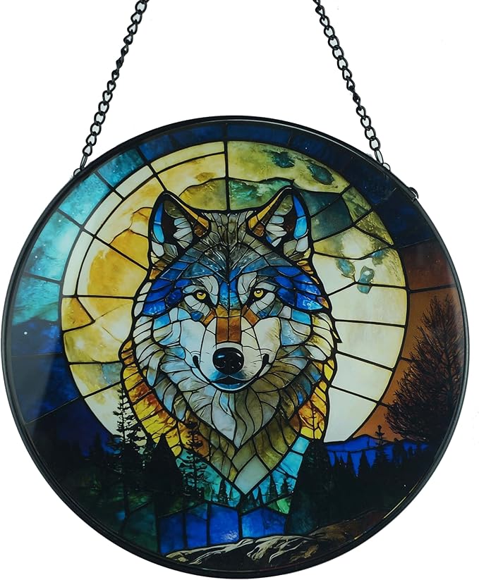Stained Glass Window Hanging, Stained Glass Suncatcher, Sun Catcher, Window Hanging Decor, Gifts for Fathers Day or Mathers Day, Christmas or Birthday Gift, Gifts for Friend (Wolf W/Moon)