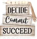 4 Pcs Inspirational Farmhouse Table Decor Rustic Motivational Wooden Stacked Block Decor,Decide Commit Succee Sign with Wood Bead Tassel, Inspirational Tiered Tray Decoration for Home