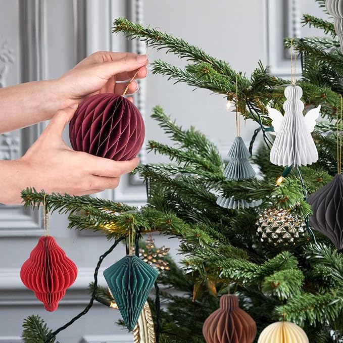 Draupnir Christmas Party Decorations, 10 PCS 3D Paper Christmas Tree Ornaments, Honeycomb Hanging Ornament for Xmas, New Year's Eve, Ceiling & Home Decorations