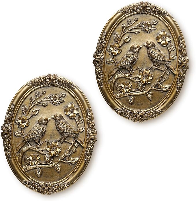 Vintage Bird Wall Art 2 Pack Antique Wall Decor Retro Wall Art Bird Wall Sculpture Hand Painted Wall Decoration with Embossed Birds Design Vintage Decor for Living Room Bedroom Gallery Unique Gifts (Gold Birds)