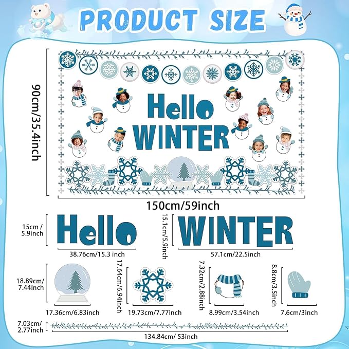 Hello Winter Bulletin Board Set Snowflake Border Classroom Decorations DIY Photo Holiday Snowman Paper Cutouts for Christmas Chalkboard School Home Wall Teacher Supplies