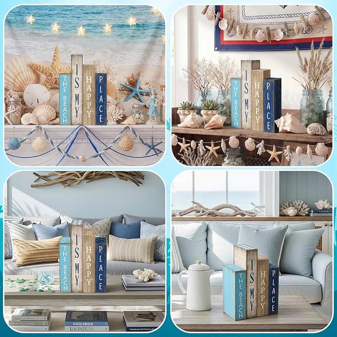 Lineshading 4 Pcs Summer Table Decoration Wooden Book Coastal Beach Decoration Blue and White Summer Tiered Tray Decor Wood Book Signs Farmhouse for Ocean Party Home Shelf Coffee Table