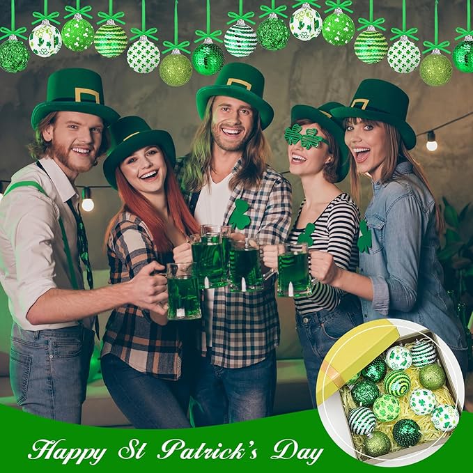 Zeyune 16 Pcs St Patricks Day Tree Decoration 2 Inch St. Patrick's Day Shamrock Ornament Irish Hanging Sequin Ball Home Ornament for Tree Glitter Luck Clover Ball for Party Decor