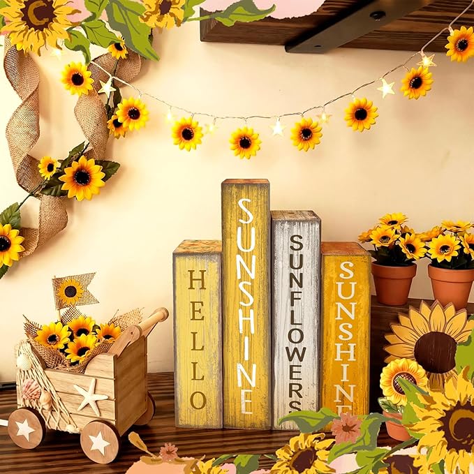 Lineshading 4 Pcs Summer Table Decoration Wooden Book Sunflower Decoration Yellow and White Summer Tiered Tray Decor Wood Book Sign Farmhouse for Home Shelf Coffee Table