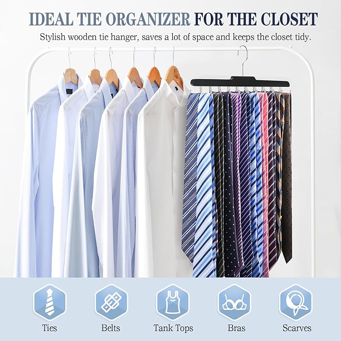 2PC Tie Rack Hanger for Closet Fitnice Upgraded Non Slip Tie Holder Organizer Space Saving with 20 Foldable Hooks Wooden Belt Hanger for Tank Tops Bras Cami Scarves,Black