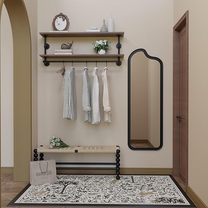 Clothes Rack 48in, Wall Mounted Garment Rack with Real Walnut Wood Shelf, Heavy Duty Hanging Clothes Rack, Multi-Purpose Hanging Rod, Space-Saving Closet Storage (Walnut, 2T48IN)