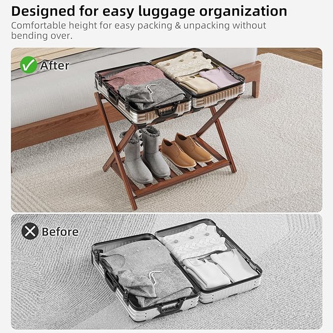 Bamboo Luggage Rack for Guest Room, Wide Suitcase Stand with Storage Shelf, Folding Luggage Stand Holder for Bedroom Hotel, 26.77" Thickened Luggage Rack for Suitcases, Brown