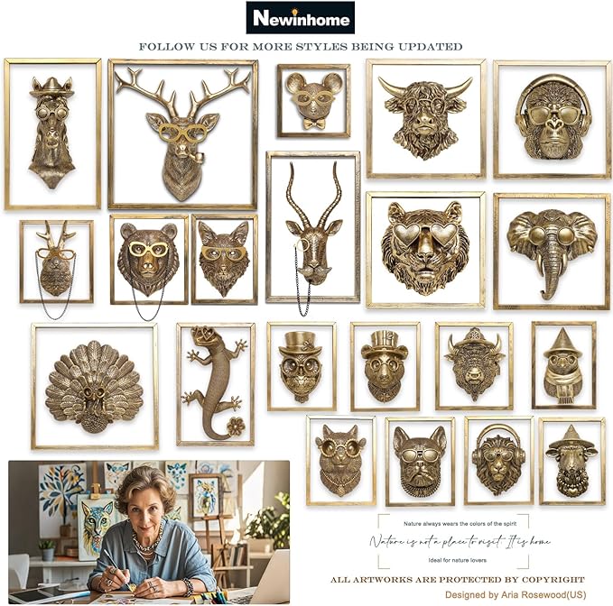 Newinhome Animal Heads Wall Decor (Includes Metal Frame) Resin Animals Sculptures Head Wall Hanging Decoration Gold vintage Wall Sculpture for Living Room Bedroom Office(Bulldog)